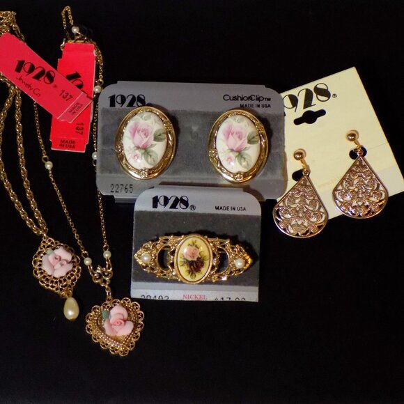 Lot of 5 New 1928 Floral Brooch, Necklaces, Clip-On & Drop Earrings Bundle - Picture 9 of 11